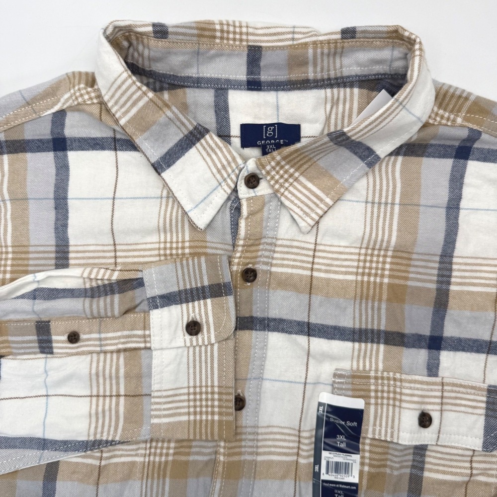 George Plaid Flannel Shirt Mens 3XL Tall Winter White GE36008605T Super Soft